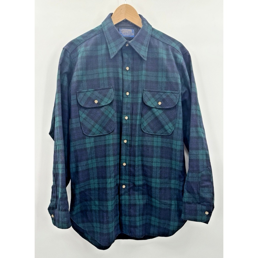 VTG 1960s Pendleton Virgin Wool Board Shirt Medium Black Watch Tartan Plaid USA